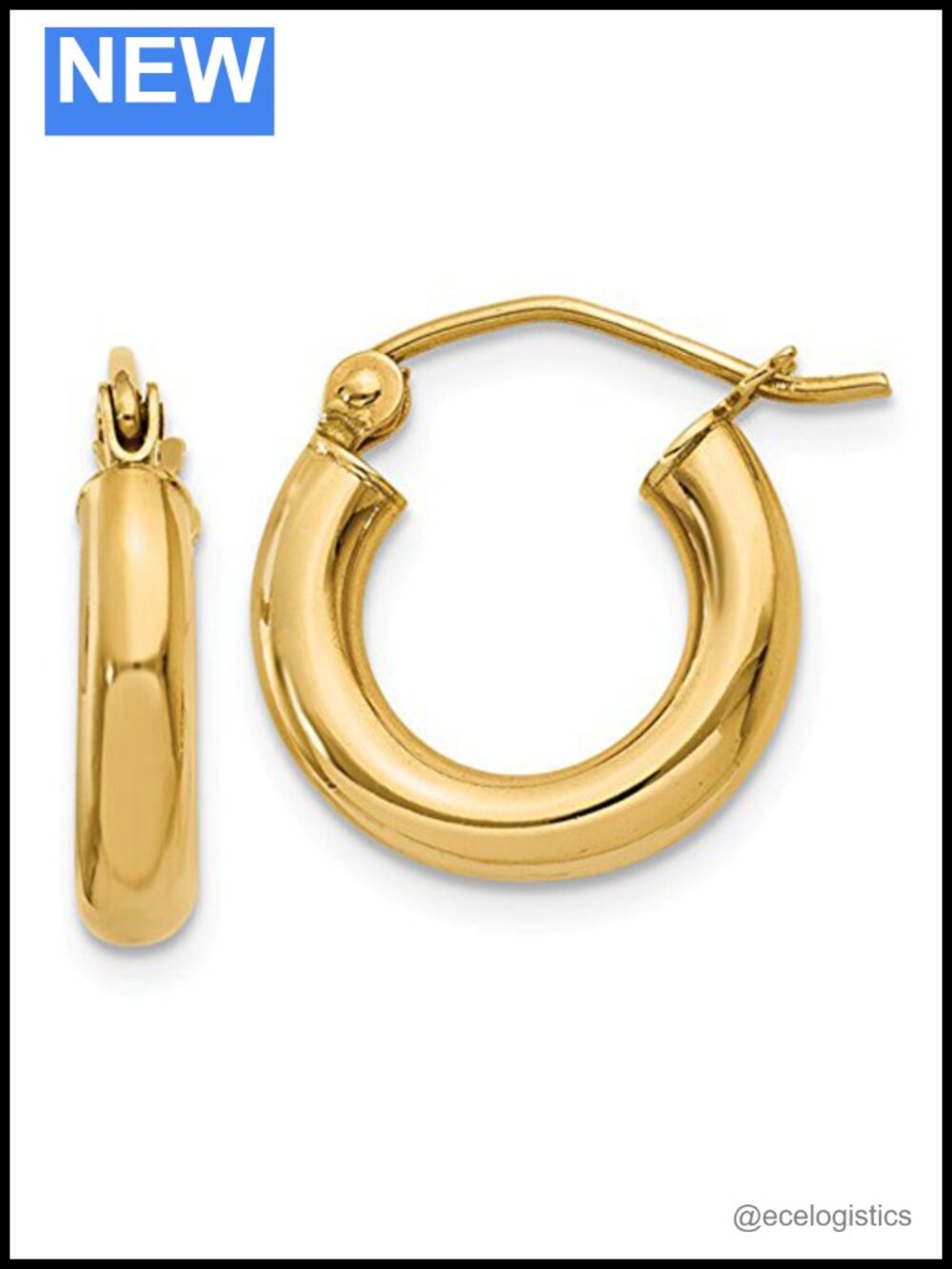 14K Yellow Gold Classic Real Hoop Earrings 3mm Thick Tube